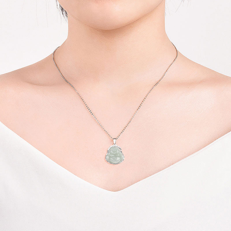 Nimara Ritual Laughing Buddha Jade Luck Calm Titanium Steel Chain Necklace Pendant