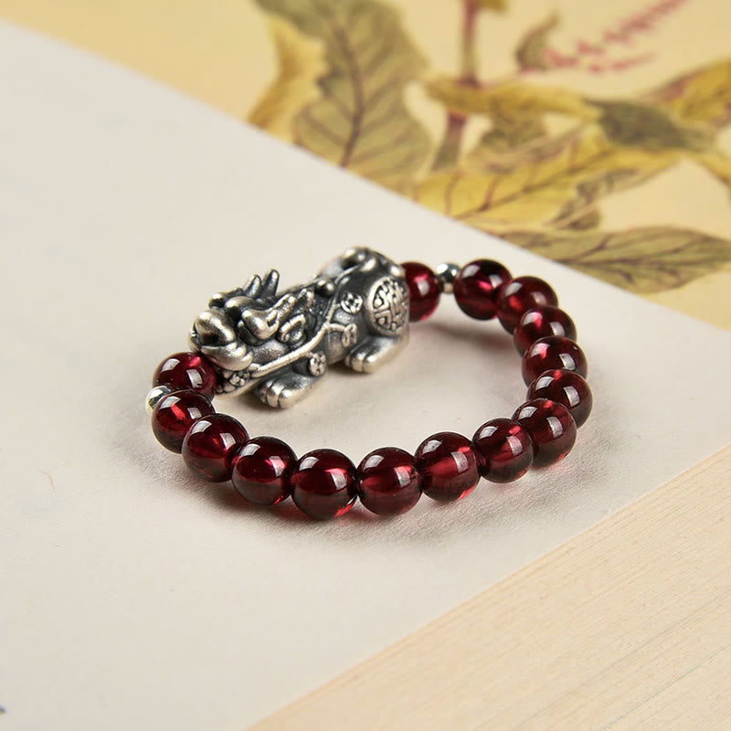 Nimara Ritual 925 Sterling Silver Natural Garnet Moonstone Red Agate PiXiu Wealth Ring