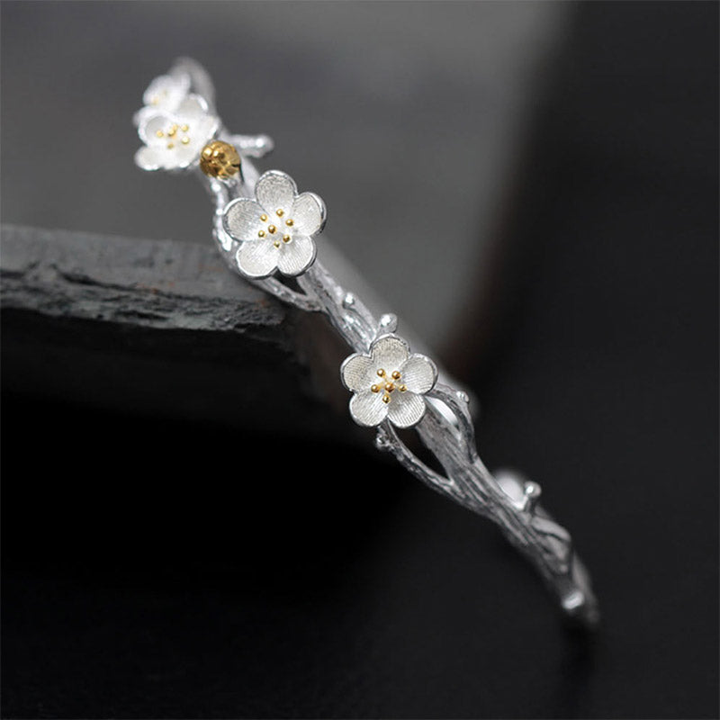 Nimara Ritual 925 Sterling Silver Plum Flower Blessing Bracelet Adjustable Bangle