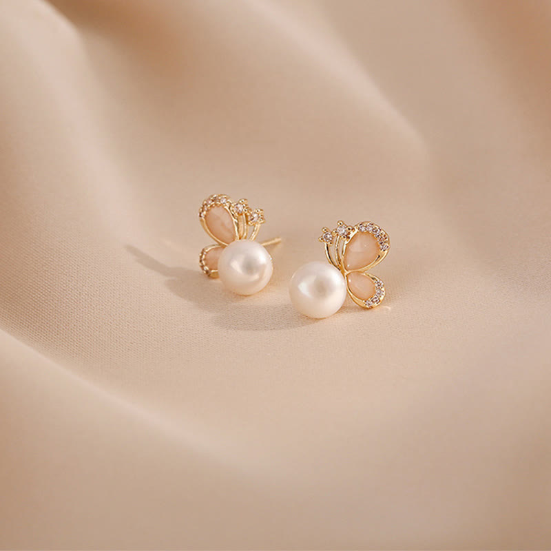 Nimara Ritual 18k Gold Plated Pearl Butterfly Love Freedom Stud Earrings