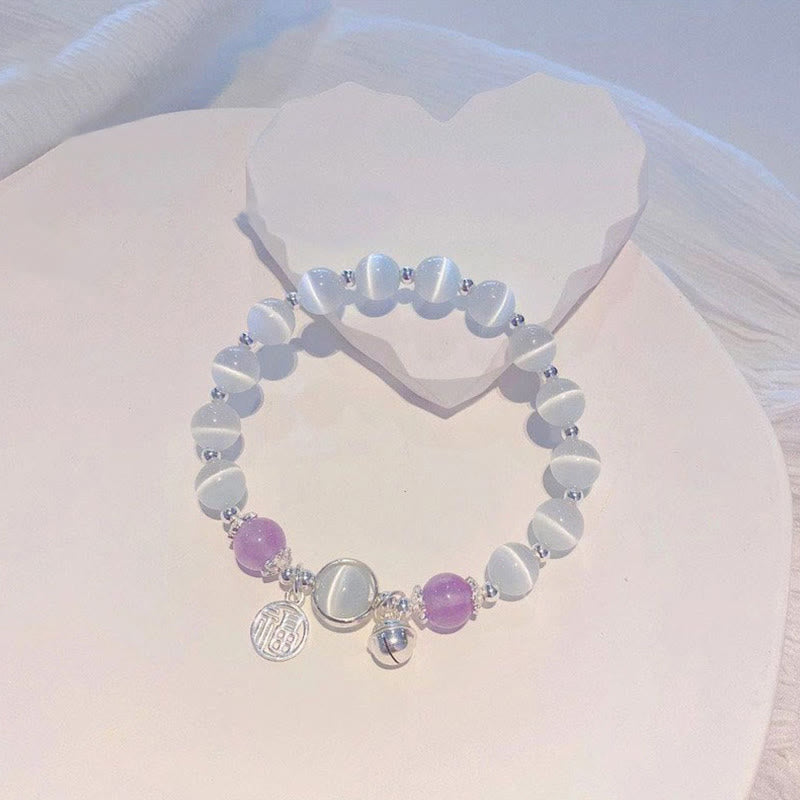 Nimara Ritual Cat's Eye Amethyst Fu Character Bell Charm Support Bracelet