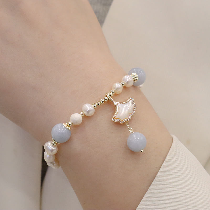 Nimara Ritual Natural Aquamarine Pearl Healing Ginkgo Leaf Butterfly Charm Bracelet