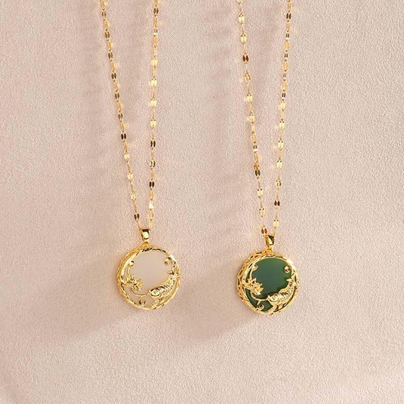 Nimara Ritual Natural Jade Koi Fish Lotus Luck Necklace Pendant