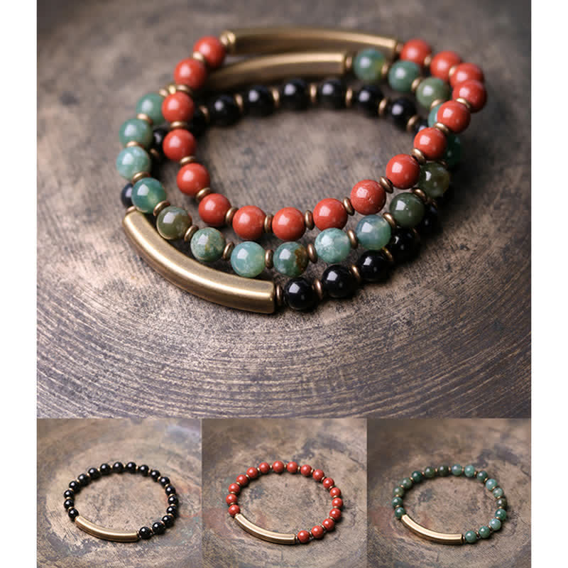Nimara Ritual Red Jasper Moss Agate Black Obsidian Crystal Copper Peace Couple Bracelet