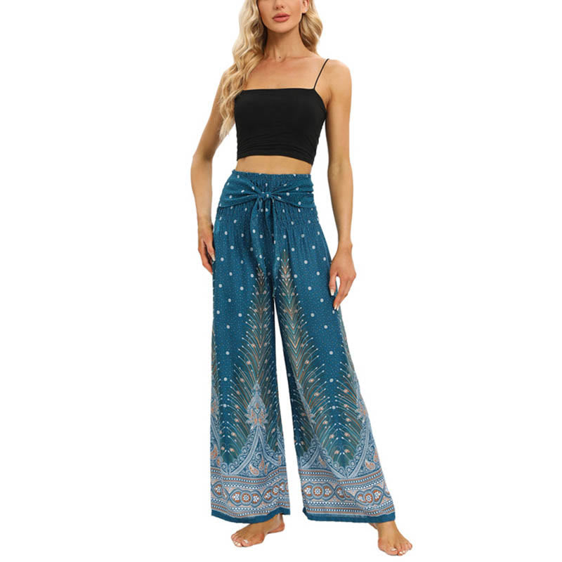 Nimara Ritual Boho Peacock Feathers Lace-up Wide Leg Pants Women's Yoga Pants