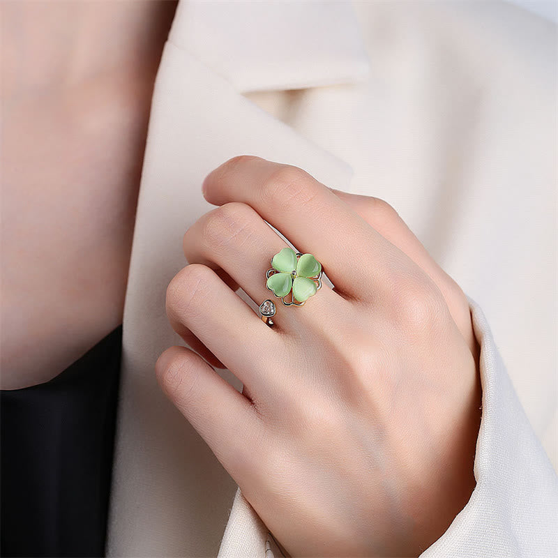 Nimara Ritual Cat's Eye Four Leaf Clover Zircon Love Rotatable Ring