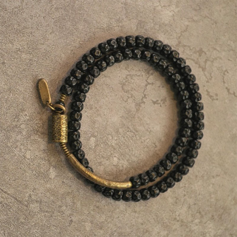 Nimara Ritual Retro Coconut Shell Brass Copper Happiness Triple Wrap Bracelet