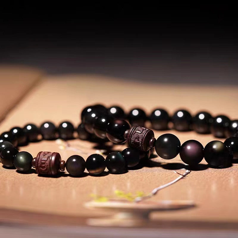 Nimara Ritual Natural Gold Sheen Obsidian Rainbow Obsidian Om Mani Padme Hum Fu Character Healing Bracelet