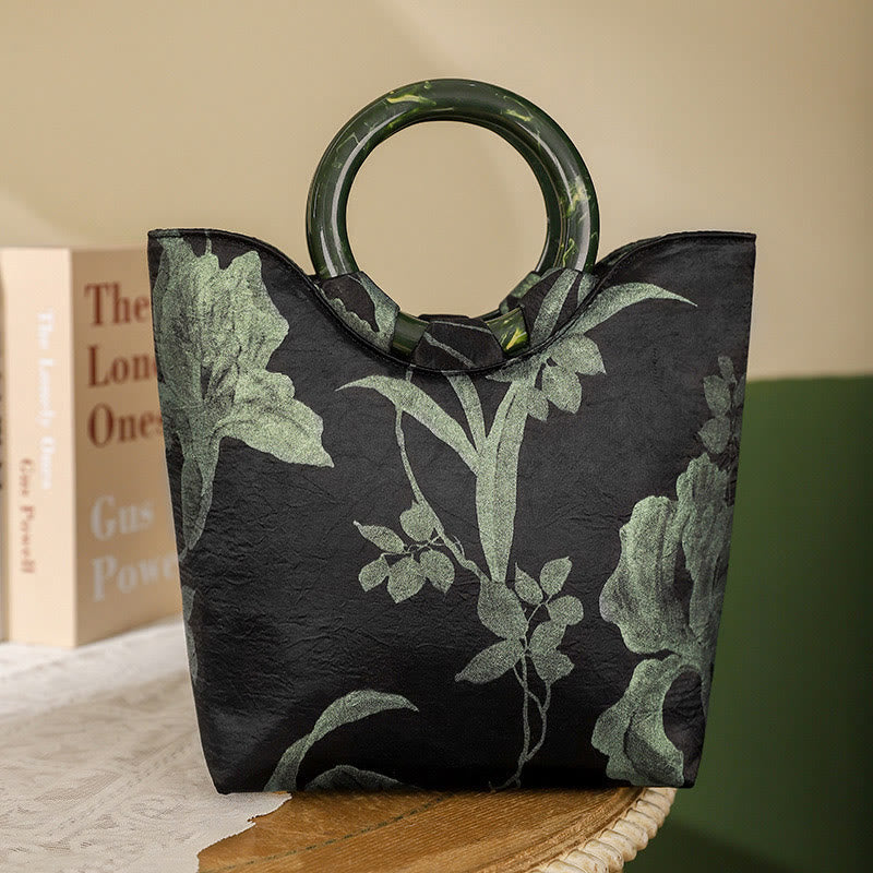 Nimara Ritual Black Green Orchids Print Vintage Handbag