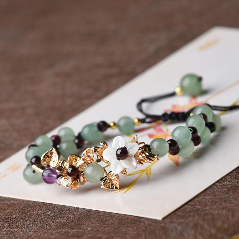 Nimara Ritual Green Aventurine Garnet Bead Flower Petal Luck Bracelet