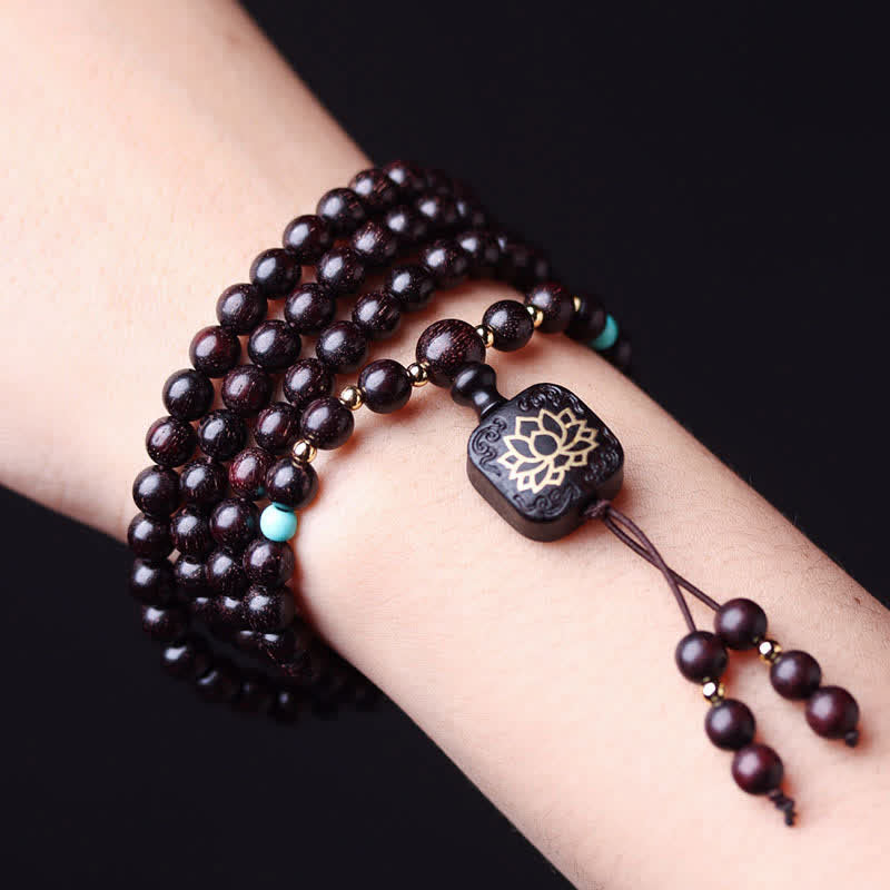 Nimara Ritual 108 Mala Beads Tibetan Small Leaf Red Sandalwood Lotus Balance Bracelet