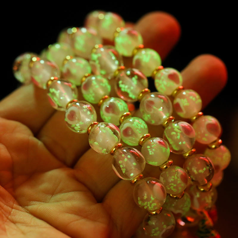 Nimara Ritual Gold Swallowing Beast Family Charm Luminous Pink Love Heart Fluorescent Liuli Glass Bead Blessings Bracelet