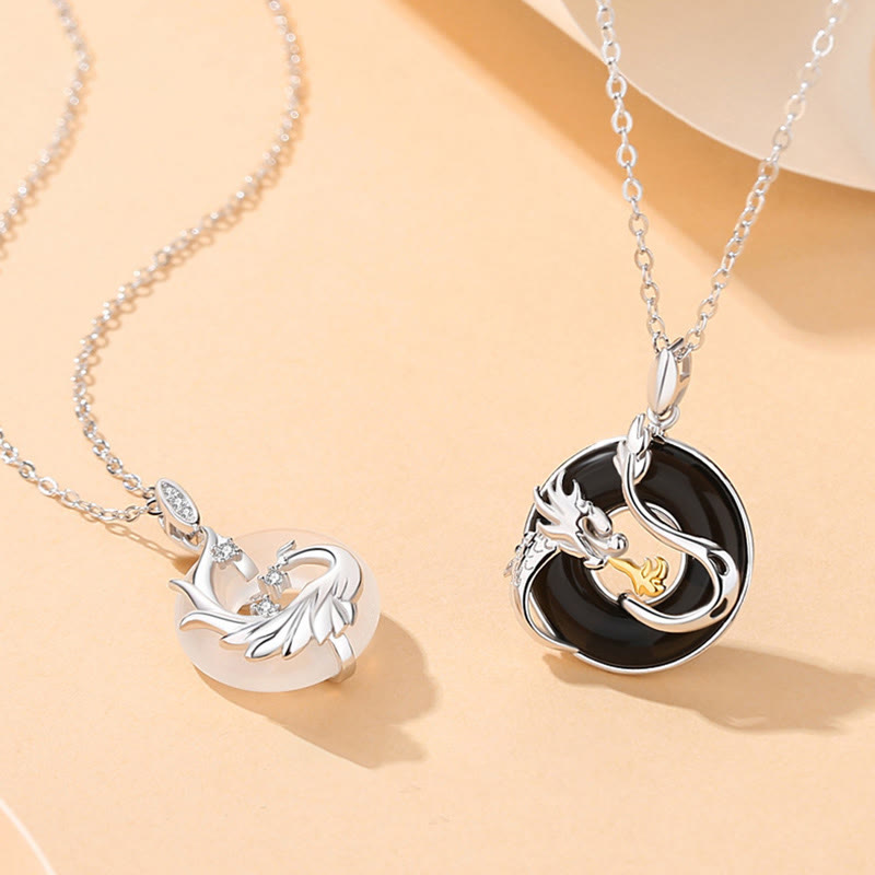 Nimara Ritual 925 Sterling Silver Year of the Dragon Natural Black Onyx Chalcedony Dragon Phoenix Peace Buckle Protection Necklace Pendant