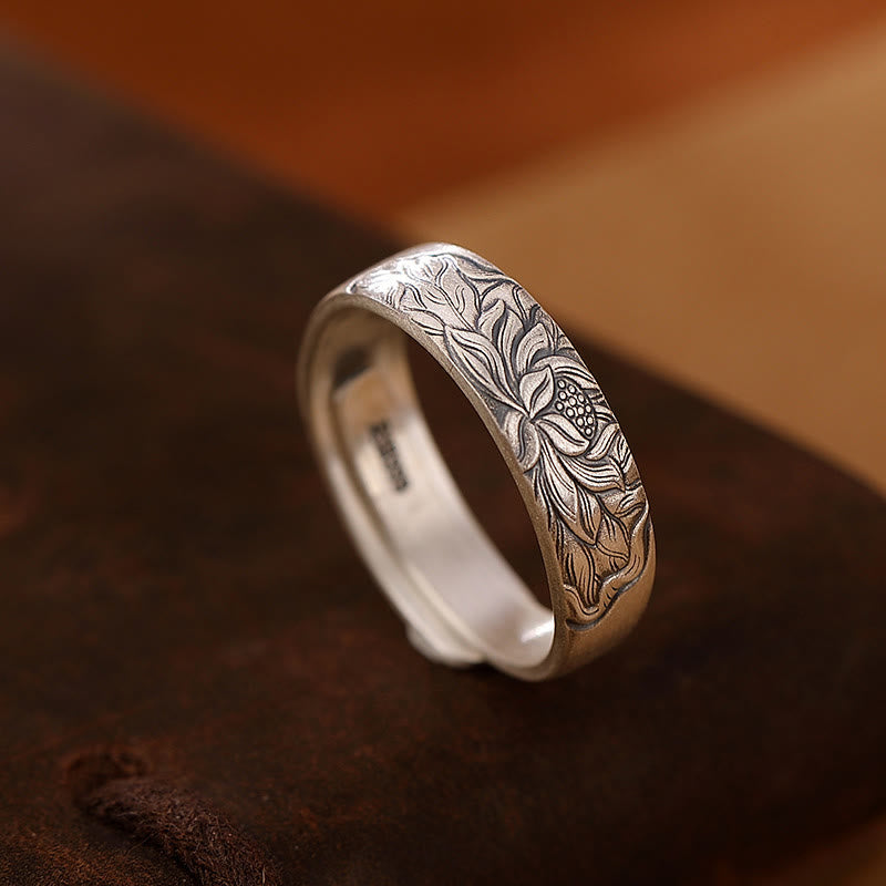 Nimara Ritual 999 Sterling Silver Lotus Flower Plum Blossom Auspicious Clouds Engraved Enlightenment Ring