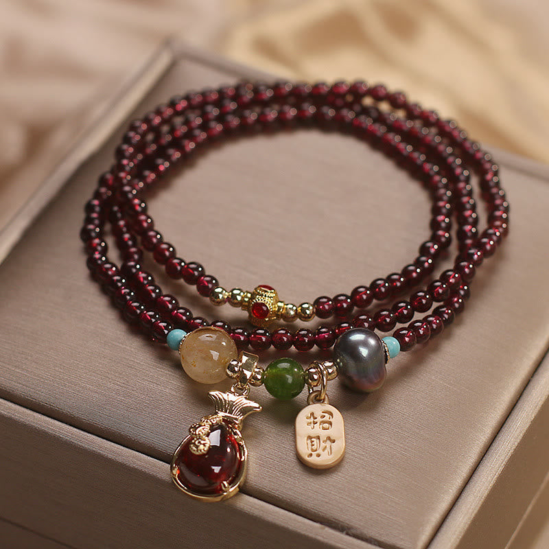 Nimara Ritual Multi Layered Natural Garnet Jade Coin Money Bag Attracting Wealth Protection Bracelet