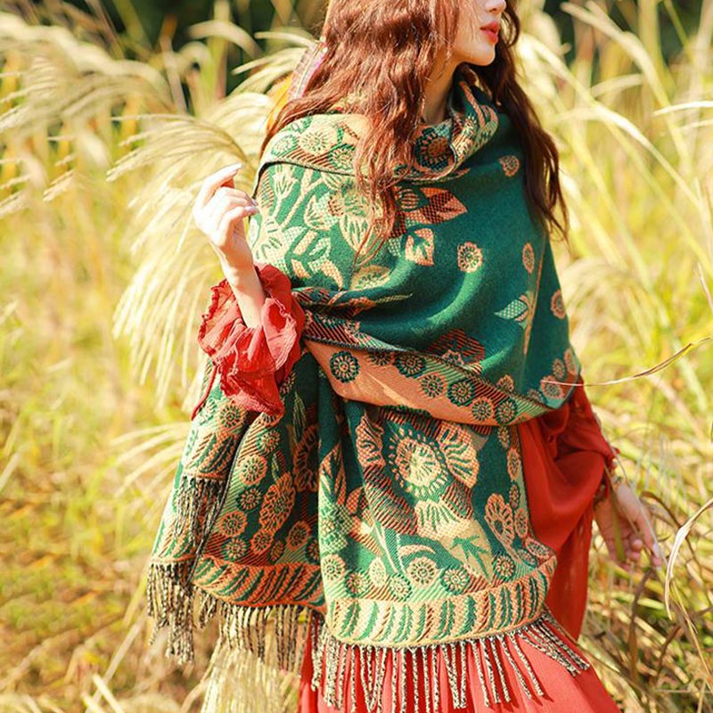 Nimara Ritual Tibetan Flower Floral Leaves Pattern Design Shawl Cozy Travel Scarf Wrap