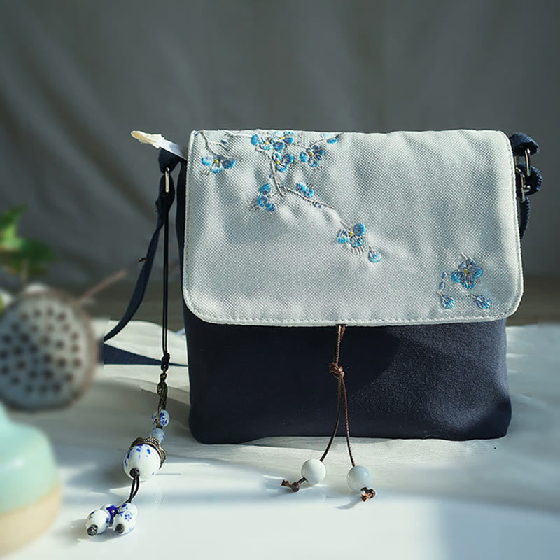 Nimara Ritual Handmade Embroidered Plum Flowers Canvas Crossbody Bag Shoulder Bag Handbag