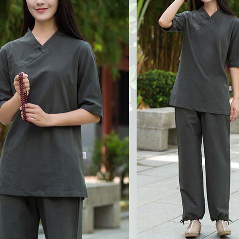 Nimara Ritual 2Pcs Half Sleeve V-Neck Shirt Top Pants Meditation Zen Tai Chi Linen Clothing Women's Set