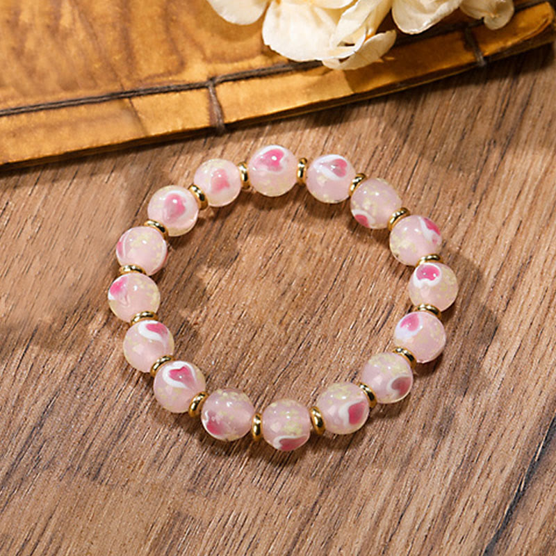 Nimara Ritual Gold Swallowing Beast Family Charm Luminous Pink Love Heart Fluorescent Liuli Glass Bead Blessings Bracelet