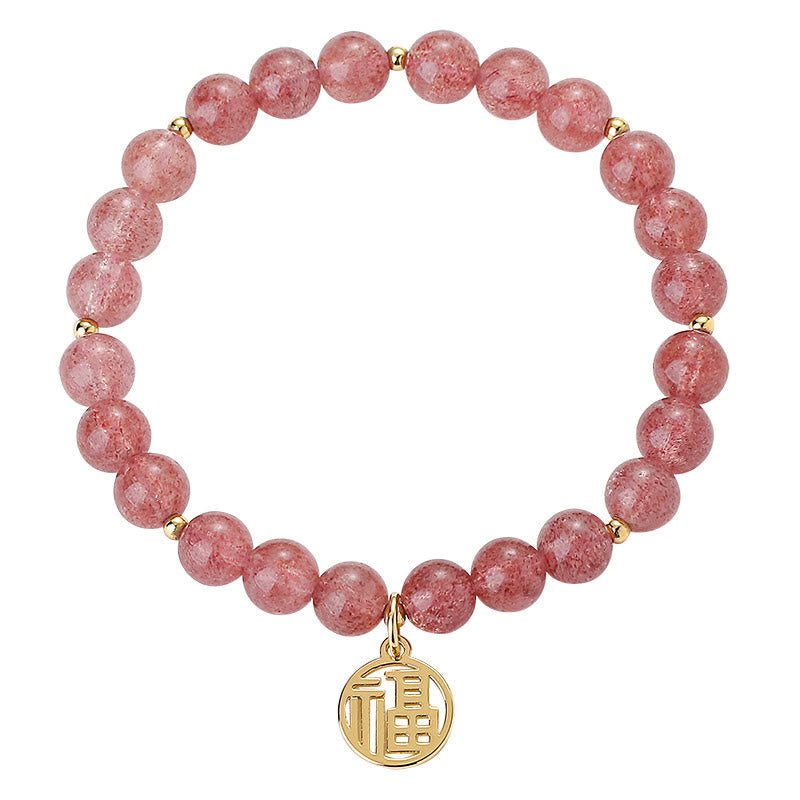 Nimara Ritual 14K Gold Plated Strawberry Quartz Fu Character Healing Charm Bracelet