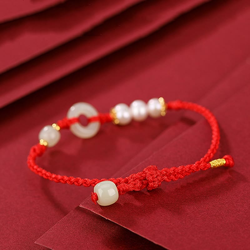 Nimara Ritual 925 Sterling Silver Plated Gold Hetian Jade Peace Buckle Pearl Luck Bracelet