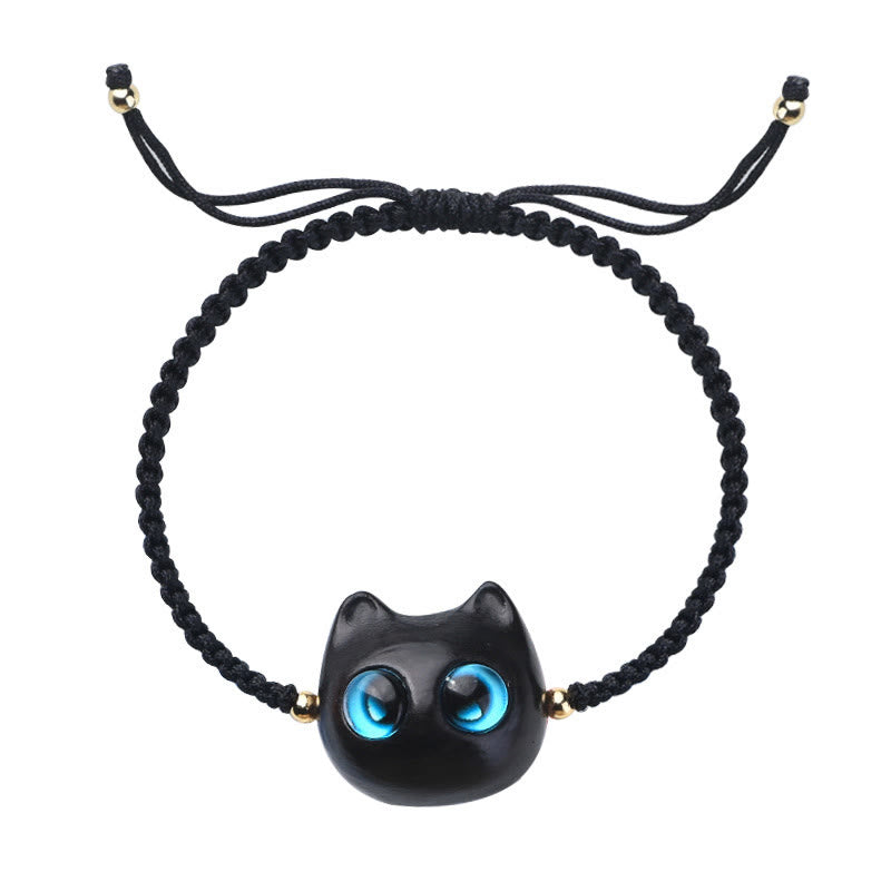 Nimara Ritual Small Leaf Red Sandalwood Ebony Wood Cute Cat Head Calm Protection Braided Bracelet
