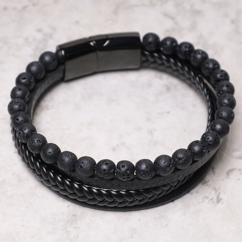 Nimara Ritual Natural Lava Rock Black Onyx Bead Leather Bracelet