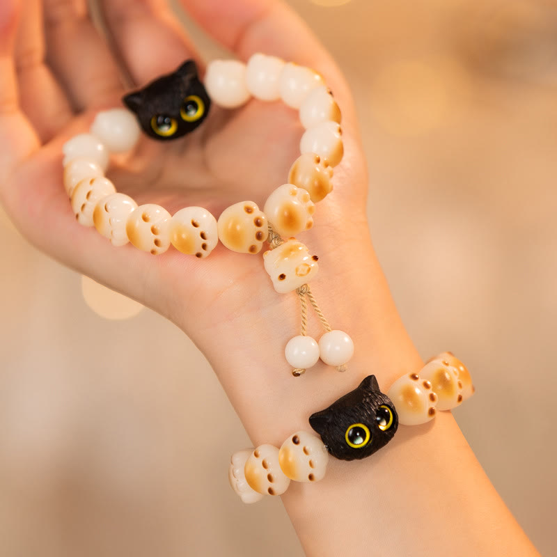 Nimara Ritual Natural Bodhi Seed Red Sandalwood Lovely Paw Lucky Cat Peace Bracelet