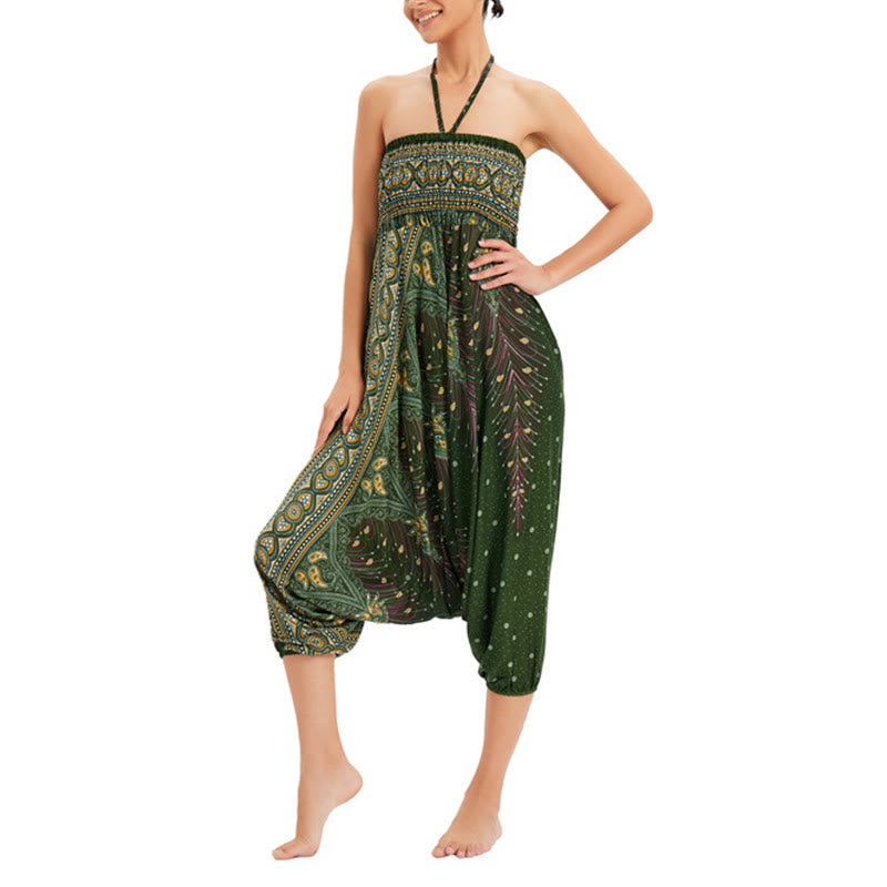 Nimara Ritual Two Style Wear Peacock Feather Loose Smocked Harem Trousers Jumpsuit High Waist Pants