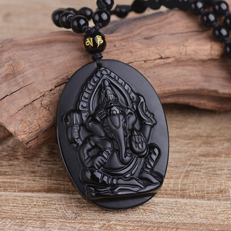 Nimara Ritual Tibetan Obsidian Ganesh Ganpati Elephant Wealth Amulet Necklace