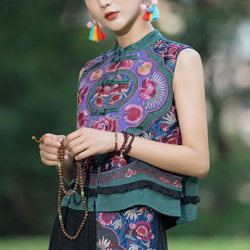 Nimara Ritual Frog-Button Embroidery Flowers Cotton Linen Tang Suit Design Sleeveless Vest