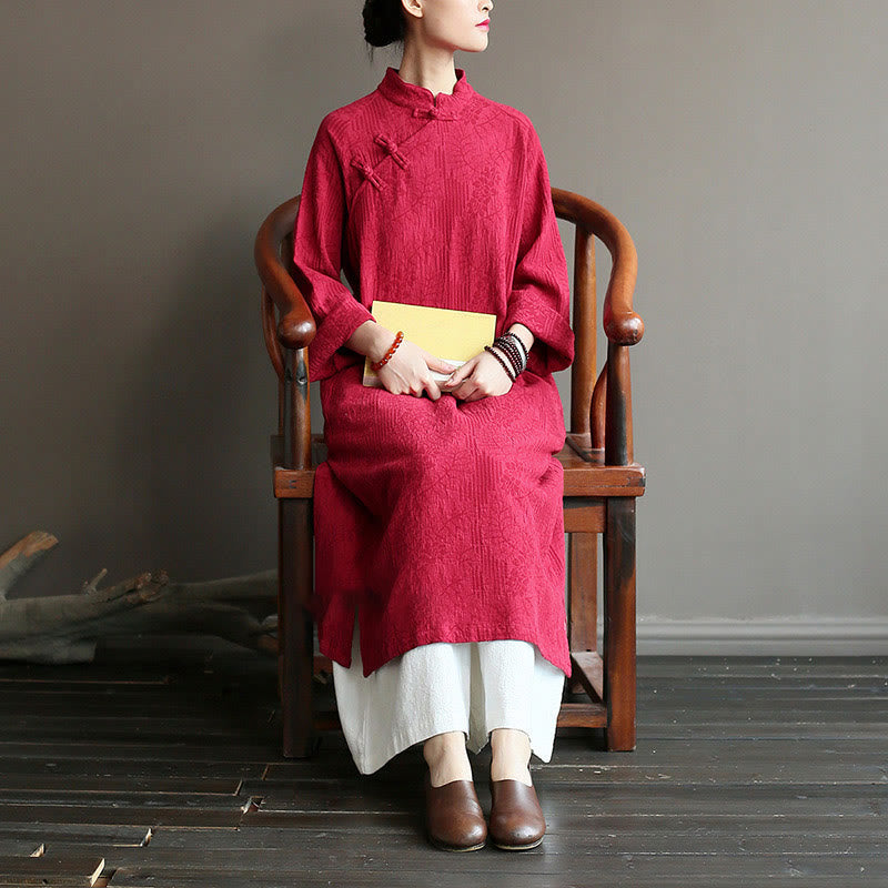 Nimara Ritual Flower Jacquard Midi Dress Long Sleeve Cotton Linen Dress Wide Leg Pants With Pockets