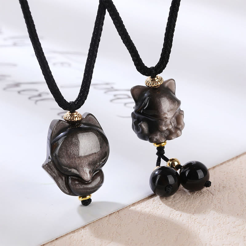 Nimara Ritual Natural Silver Sheen Obsidian Nine Tailed Fox Protection Necklace Pendant