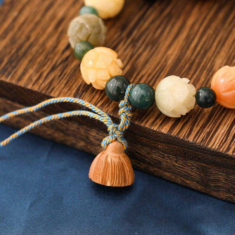 Nimara Ritual Bodhi Seed Lotus Bead Engraved Moss Agate Peace Calm Bracelet