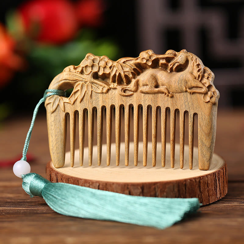 Nimara Ritual Green Sandalwood Fox Peony Flower Lotus Engraved Cure Tassel Comb