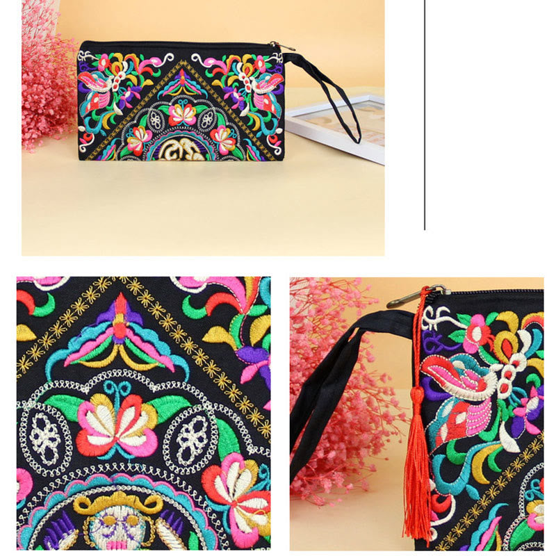 Nimara Ritual Dragon Butterfly Cosmos Flower Embroidery Wallet Shopping Purse