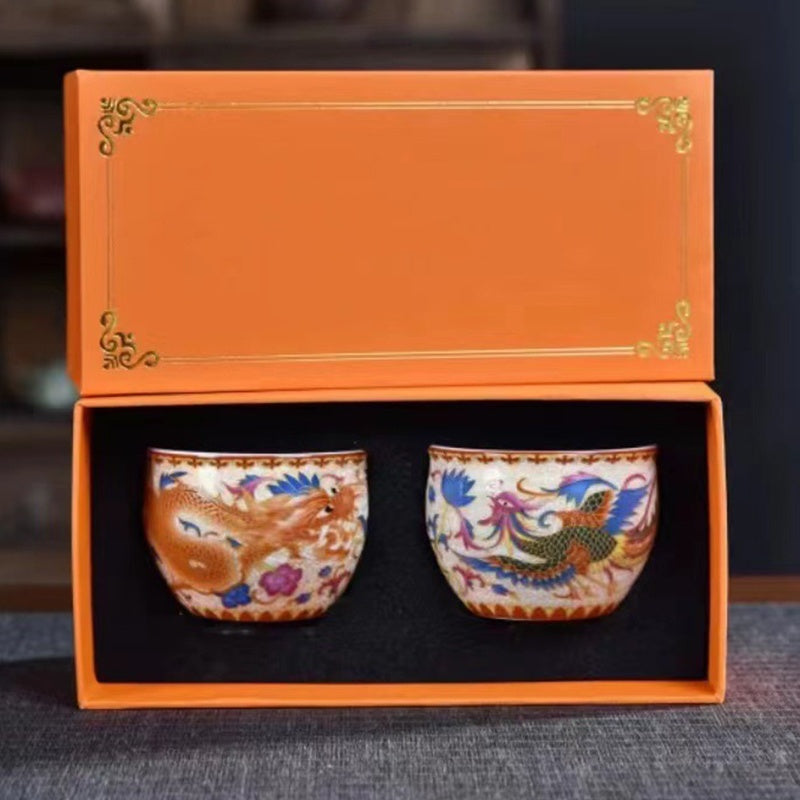 Nimara Ritual 2Pcs Dragon Phoenix Ceramic Teacup Kung Fu Tea Cups