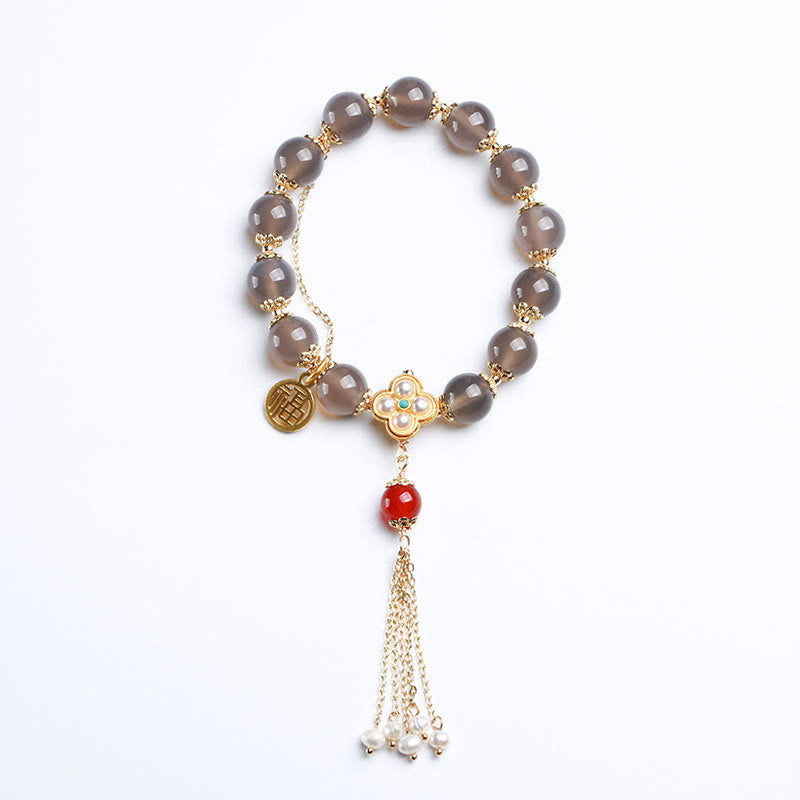 Nimara Ritual Natural Gray Agate Fu Character Pearl Tassel Balance Bracelet