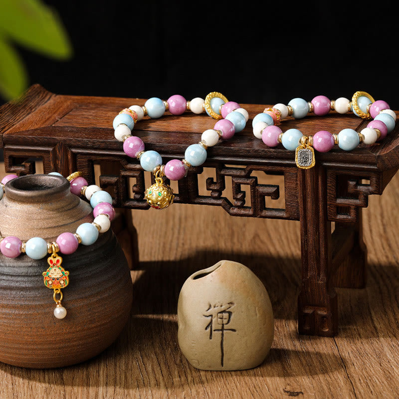Nimara Ritual Tibetan Zakiram Goddess of Wealth Rabbit Lion Head Charm Liuli Glass Incense Ash Porcelain Bead Protection Bracelet
