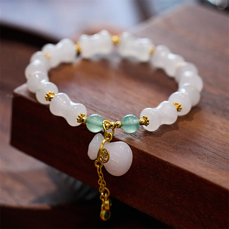 Nimara Ritual Natural White Golden Silk Jade Bamboo Pattern Wealth Lucky Bag Fu Character Bracelet