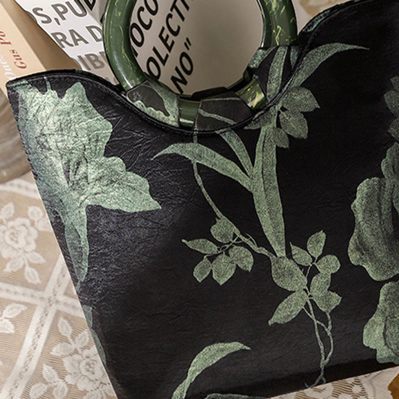 Nimara Ritual Black Green Orchids Print Vintage Handbag