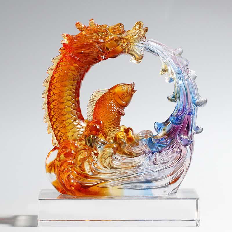 Nimara Ritual Feng Shui Dragon Koi Fish Handmade Liuli Crystal Art Piece Home Office Decoration