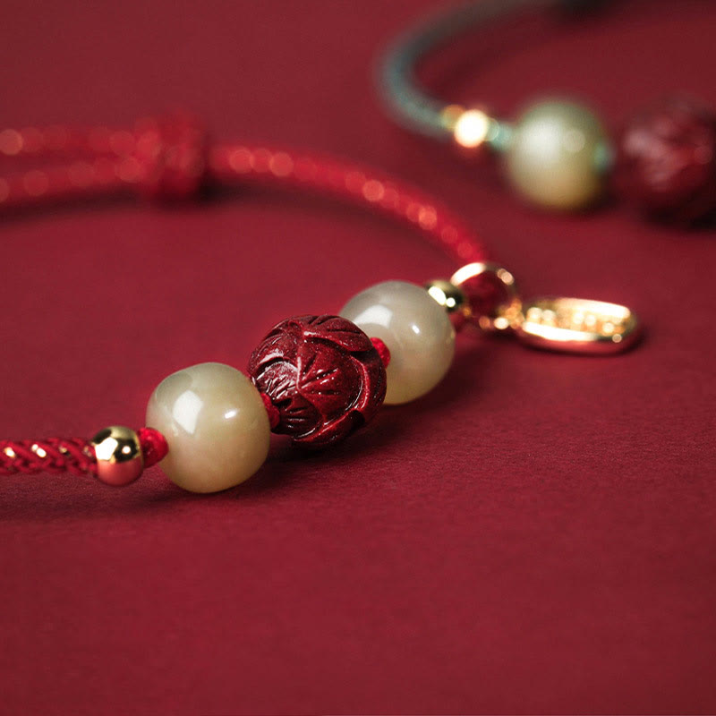 Nimara Ritual 14K Gold Plated Hetian Jade Cinnabar Lotus Luck Handcrafted Rope Bracelet