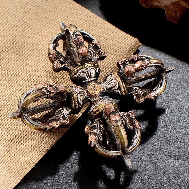 Nimara Ritual Tibetan Handmade 5 Prong Double Dorje Copper Iron Thunderbolt Strength Vajra