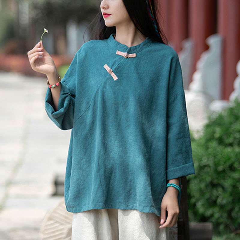Nimara Ritual Ramie Linen Loose Blouse Women Long Sleeve Shirt Chinese Hanfu Top
