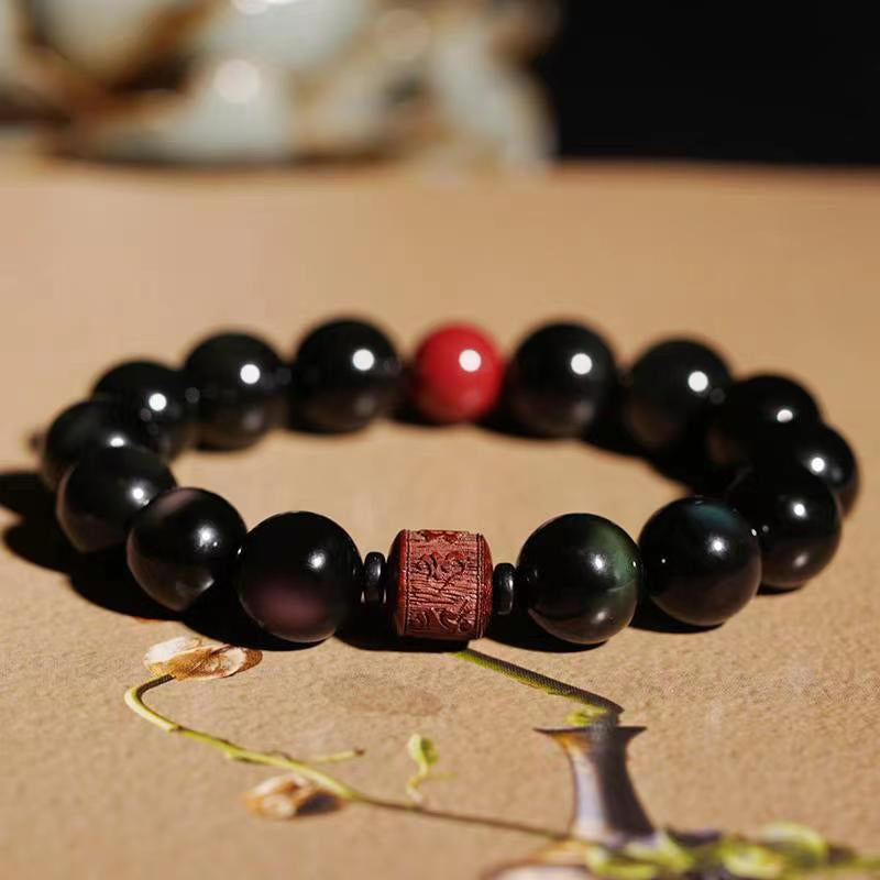 Nimara Ritual Natural Gold Sheen Obsidian Rainbow Obsidian Om Mani Padme Hum Fu Character Healing Bracelet