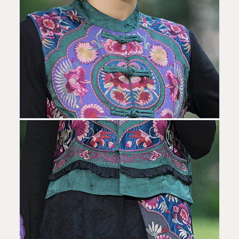 Nimara Ritual Frog-Button Embroidery Flowers Cotton Linen Tang Suit Design Sleeveless Vest