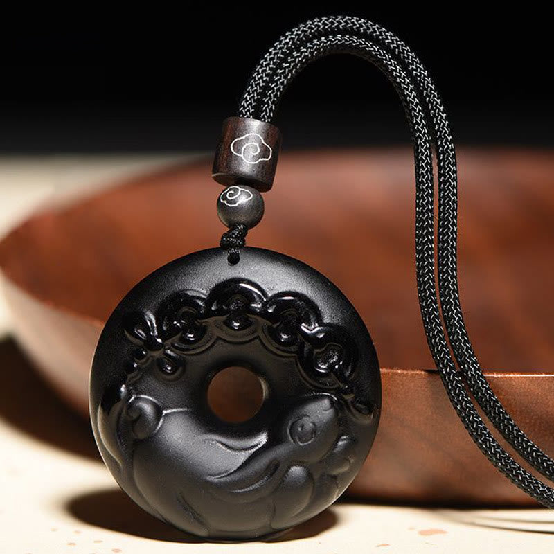 Nimara Ritual Chinese Zodiac Natural Black Obsidian Peace Buckle Strength Necklace Pendant
