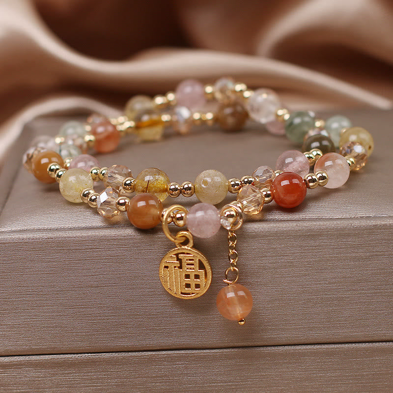 Nimara Ritual Multicolored Rutilated Quartz Fu Character Auspiciousness Bracelet