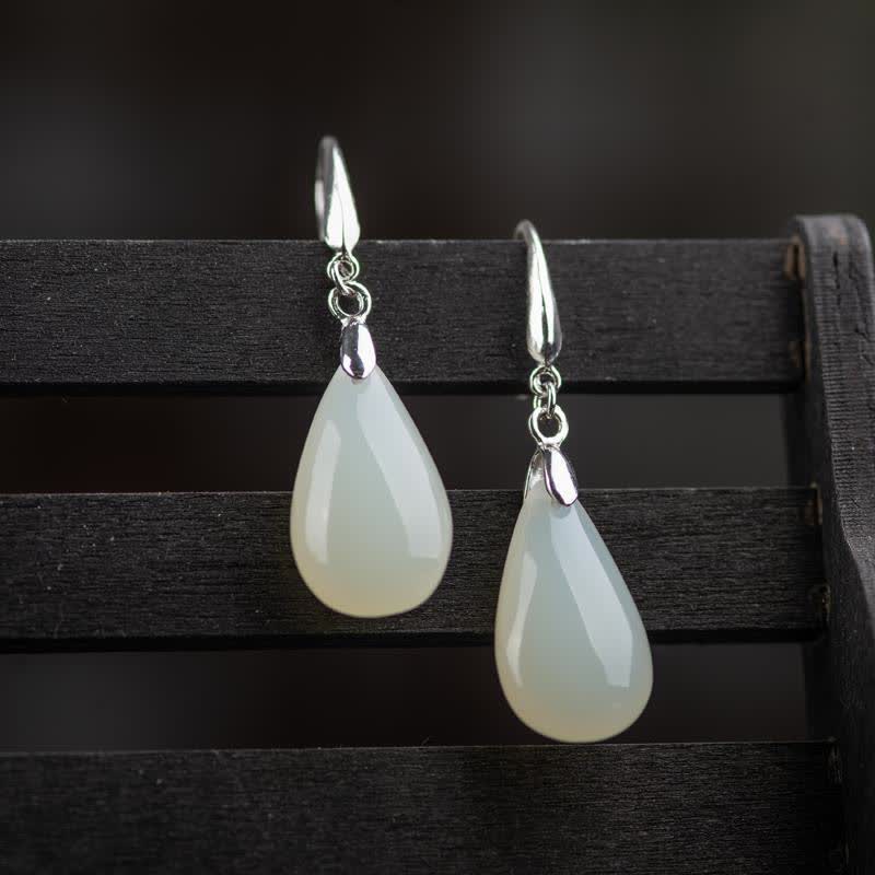 Nimara Ritual Hetian White Jade Water Drop Luck Blessing Dangle Earrings